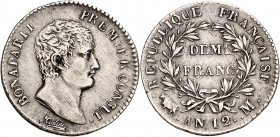 CONSULAT (1799-1804).
Demi Franc An 12 M=Toulouse 2,50 g.
A/ BONAPARTE PREMIER CONSUL. Sa tête nue à droite
R/ REPUBLIQUE FRANÇAISE. Différent Date...