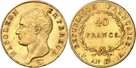 PREMIER EMPIRE (1804-1814) Napoléon 1er.
40 Francs An 13 A=Paris 12,89 g.
A/NAPOLÉON EMPEREUR. Thiolier (Graveur). Sa tête nue à gauche.
R/REPUBLIQ...