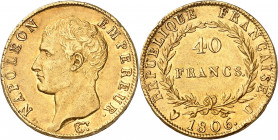 PREMIER EMPIRE (1804-1814) Napoléon 1er.
40 Francs 1806 U=Turin 12,88 g.
A/NAPOLÉON EMPEREUR. Tr (graveur). Sa tête nue à gauche.
R/EMPIRE FRANÇAIS...