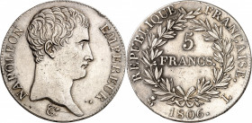 PREMIER EMPIRE (1804-1814) Napoléon 1er.
5 Francs 1806 L=Bayonne 24,93 g.
A/NAPOLÉON EMPEREUR. Sa tête nue à droite
R/RÉPUBLIQUE FRANÇAISE. Différe...