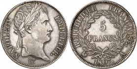 PREMIER EMPIRE (1804-1814) Napoléon 1er.
5 Francs Tête laurée 1807 A=Paris 24,86 g.
A/ NAPOLEON EMPEREUR. Sa tête laurée à droite
R/ RÉPUBLIQUE FRA...
