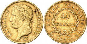 PREMIER EMPIRE (1804-1814) Napoléon 1er.
40 Francs 1813 CL=Gênes 12,86 g.
A/ NAPOLÉON EMPEREUR. Tr (graveur). Sa tête laurée à gauche.
R/ EMPIRE FR...