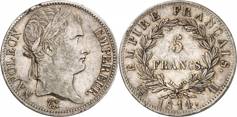 PREMIER EMPIRE (1804-1814) Napoléon 1er.
5 Francs 1814 H=La Rochelle 25,02 g
A...