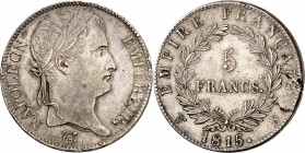 LES CENT-JOURS 20 mars-22 juin 1815 - Napoléon 1er.
5 Francs 1815 W= Lille.
A/NAPOLEON EMPEREUR. Sa tête laurée à droite.
R/EMPIRE FRANÇAIS (date e...