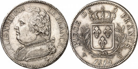 LOUIS XVIII Première Restauration (1814-1815).
5 Francs « Buste habillé » 1814 W=Lille.
A/LOUIS XVIII ROI DE FRANCE. Buste habillé du Roi à gauche....