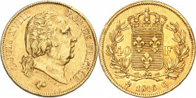 LOUIS XVIII Second gouvernement royal (1815-1824). 
40 Francs 1816 Q =Perpignan.
A/LOUIS XVIII ROI DE FRANCE. Sa tête nue à droite. 
R/Écu de Franc...