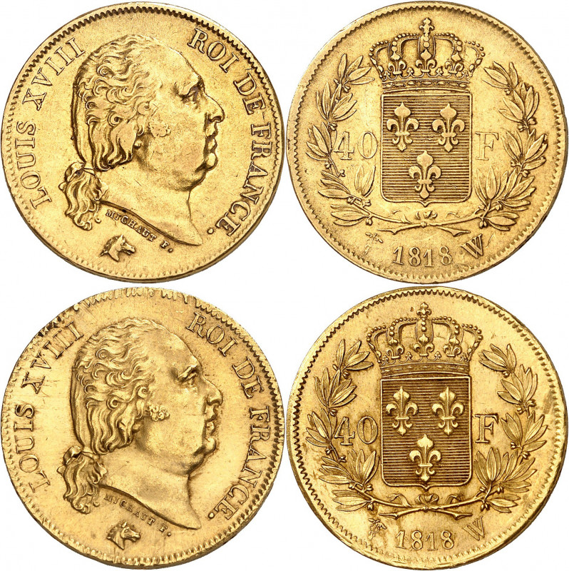 Louis XVIII Second gouvernement royal (1815-1824). 
40 Francs 1818 W=Lille (Lot...