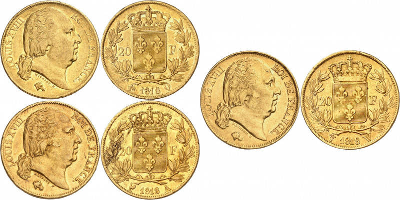 Louis XVIII 20 Francs 1818 A=Paris. 20 Francs 1818 Q=Perpignan. 20 Francs 1818 W...