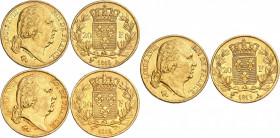 LOUIS XVIII Second gouvernement royal (1815-1824). 
20 Francs 1818 A=Paris. 
20 Francs 1818 W=Lille. 
20 Francs 1819 A=Paris. 
Gad.1028. (Lot de 3...