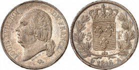 LOUIS XVIII Second gouvernement royal (1815-1824). 
5 Francs 1816 A=Paris.
A/LOUIS XVIII ROI DE FRANCE. Sa tête nue à gauche.
R/. Écu de France cou...