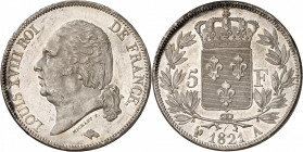 LOUIS XVIII Second gouvernement royal (1815-1824). 
5 Francs 1821 A=Paris.
A/LOUIS XVIII ROI DE FRANCE. Sa tête nue à gauche.
R/. Écu de France cou...