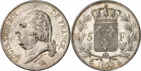 LOUIS XVIII Second gouvernement royal (1815-1824). 
5 Francs 1823 A=Paris.
A/LOUIS XVIII ROI DE FRANCE. Sa tête nue à gauche.
R/. Écu de France cou...