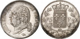 LOUIS XVIII Second gouvernement royal (1815-1824). 
5 Francs 1824 MA=Marseille.
A/LOUIS XVIII ROI DE FRANCE. Sa tête nue à gauche.
R/. Écu de Franc...