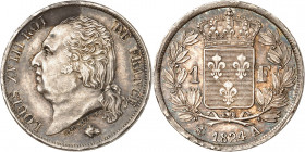 LOUIS XVIII Second gouvernement royal (1815-1824). 1 Franc 1824 A=Paris.
A/LOUIS XVIII ROI DE FRANCE. Sa tête nue à gauche.
R/Écu de France couronné...