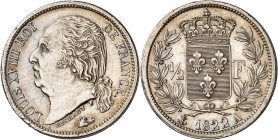 LOUIS XVIII Second gouvernement royal (1815-1824). 
Demi Franc 1822 A=Paris.
A/LOUIS XVIII ROI DE FRANCE. Sa tête nue à gauche.
R/Écu de France cou...