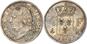 LOUIS XVIII Second gouvernement royal (1815-1824).
Quart de Franc 1824 A=Paris.
A/LOUIS XVIII ROI DE FRANCE. Sa tête nue à gauche.
R/Écu de France ...