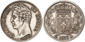 CHARLES X (1824-1830) 
1 Franc 1830 A=Paris. tranche cannelée.
A/ CHARLES X ROI DE FRANCE. Effigie à gauche du Roi
R/ Écu couronné de France au cen...