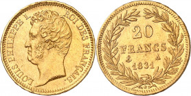 LOUIS PHILIPPE I (1830-1848).
20 Francs « tête nue ». Tranche en relief 1831 A=Paris.
A/ LOUIS PHILIPPE I ROI DES FRANÇAIS. Sa tête nue à gauche.
R...