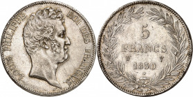 LOUIS PHILIPPE I (1830-1848). 
5 Francs « tête nue » sans le I. Tranche en creux 1830 W=Lille.
A/ LOUIS PHILIPPE ROI DES FRANCAIS. Tête à droite 
d...