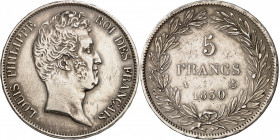 LOUIS PHILIPPE I (1830-1848). 
5 Francs « tête nue » sans le I. Tranche en relief 1830 A=Paris.
A/ LOUIS PHILIPPE ROI DES FRANCAIS. Tête à droite du...