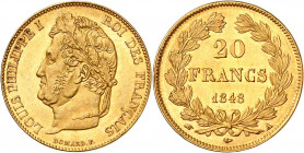 LOUIS PHILIPPE I (1830-1848). 
20 Francs « tête laurée » 1848 A=Paris.
A/ LOUIS PHILIPPE I ROI DES FRANÇAIS. Sa tête laurée à gauche.
R/ . 20 /Fran...