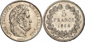 LOUIS PHILIPPE I (1830-1848). 
5 Francs « tête laurée ». 2e Type de Domard. Tranche en relief. 1834 A=Paris.
A/LOUIS PHILIPPE I ROI DES FRANCAIS. Tê...