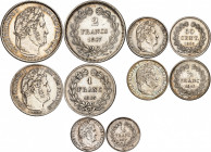 LOUIS PHILIPPE I (1830-1848). 
2 Francs 1847 A=Paris, 1 Franc 1845 A=Paris, 
1/2 Franc 1845 A=Paris, 50 Centimes 1845 A=Paris, 
1/4 Franc 1837 W=Li...