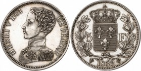 HENRI V Prétendant au trône de France (1820-1883).
5 Francs 1832 en argent (24,70 g). Tranche inscrite en creux (DOMINE.....).
A/ Son buste jeune en...