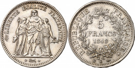 IIe REPUBLIQUE (1848-1852). 
5 Francs « Hercule » 1848 K=Bordeaux.
A/ (différent)LIBERTE EGALITE FRATERNITE. Hercule debout entre une Liberté et l’E...