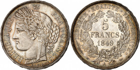 IIe REPUBLIQUE (1848-1852). 
5 Francs « Cérès » 1849 A=Paris.
A/ REPUBLIQUE FRANÇAISE. Cérès à gauche, une étoile au-dessus de sa tête
R/ LIBERTE.E...