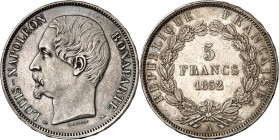 LOUIS NAPOLEON BONAPARTE. Président de la 2e République 1852. 
5 Francs JJ BARRE 1852 Pré-Série.
A/LOUIS-NAPOLEON BONAPARTE. Tête nue de LNB. à gauc...