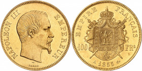 NAPOLEON III (1852-1870). 
100 Francs « Tête nue » 1855 A= Paris.
A/ NAPOLEON III EMPEREUR. Sa tête nue à droite
R/ EMPIRE FRANÇAIS. Armoiries cour...