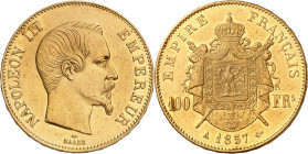 NAPOLEON III (1852-1870). 
100 Francs « Tête nue » 1857 A= Paris.
A/ NAPOLEON III EMPEREUR. Sa tête nue à droite
R/ EMPIRE FRANÇAIS. Armoiries cour...