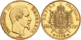 NAPOLEON III (1852-1870). 
100 Francs « Tête nue » 1859 BB= Strasbourg.
A/ NAPOLEON III EMPEREUR. Sa tête nue à droite
R/ EMPIRE FRANÇAIS. Armoirie...