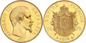 NAPOLEON III (1852-1870). 
50 Francs « Tête nue » 1856 A= Paris.
A/ NAPOLEON III EMPEREUR. Sa tête nue à droite
R/ EMPIRE FRANÇAIS. Armoiries couro...