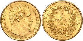 NAPOLEON III (1852-1870). 
5 Francs « Tête nue » petit module 1854 A=Paris.Tranche striée.
A/ NAPOLEON III EMPEREUR. Sa tête nue à droite
R/ EMPIRE...