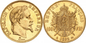 NAPOLEON III (1852-1870). 
100 Francs Or « Tête laurée » 1862 A=Paris. (6 650 ex.).
A/ NAPOLEON III EMPEREUR. Sa tête laurée à droite
R/ EMPIRE FRA...