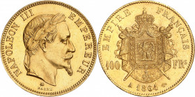 NAPOLEON III (1852-1870). 
100 Francs Or « Tête laurée » 1864 A=Paris. (5 536 ex.).
A/ NAPOLEON III EMPEREUR. Sa tête laurée à droite
R/ EMPIRE FRA...