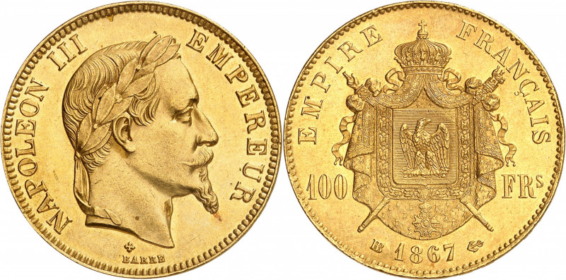 NAPOLEON III (1852-1870). 
100 Francs Or « Tête laurée » 1867 BB=Strasbourg. (2...