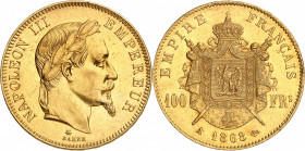 NAPOLEON III (1852-1870). 
100 Francs Or « Tête laurée » 1868 A=Paris. (2 315 ex.).
A/ NAPOLEON III EMPEREUR. Sa tête laurée à droite.
R/ EMPIRE FR...