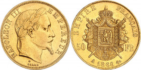NAPOLEON III (1852-1870). 
50 Francs Or « Tête laurée » 1866 A=Paris. (39 155 ex.).
A/ NAPOLEON III EMPEREUR. Sa tête laurée à droite.
R/ EMPIRE FR...
