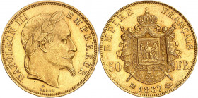 NAPOLEON III (1852-1870). 
50 Francs Or « Tête laurée » 1867 BB=Strasbourg. (20 437 ex.).
A/ NAPOLEON III EMPEREUR. Sa tête laurée à droite.
R/ EMP...
