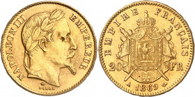 NAPOLEON III (1852-1870). 
20 Francs or 1869 A=Paris. Frappe médaille.
A/ NAPOLEON III EMPEREUR. Sa tête laurée à droite.
R/ EMPIRE FRANÇAIS. Armoi...