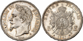 NAPOLÉON III (1852-1870). 
5 Francs 1867, 1868, 1869 A=Paris. 
5 Francs 1870 A=Paris et BB=Strasbourg.
Gad.739.( Ensemble de 5 pièces). TTB à SUP...