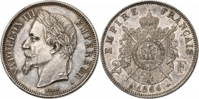 NAPOLEON III (1852-1870). 
2 Francs 1866 A=Paris.
A/ NAPOLEON III EMPEREUR. Sa tête laurée à droite.
R/ EMPIRE FRANÇAIS. Armoiries couronnées accos...