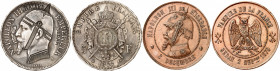NAPOLEON III (1852-1870). 
Médailles satiriques émises après la défaite de Sedan contre l’Allemagne. 5 Francs : Casque à pointe, Bâtard, Sedan. 50 Ce...
