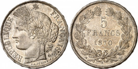 GOUVERNEMENT DE DEFENSE NATIONALE COMMUNE DE PARIS (1870-1871). 
5 Francs « Cérès » sans légende. 1870 A=Paris.
A/ REPUBLIQUE* FRANÇAISE. Tête de Cé...