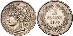 GOUVERNEMENT DE DEFENSE NATIONALE et COMMUNE DE PARIS (1870-1871). 
2 Francs « Cérès » sans légende 1870 A=Paris.
A/ REPUBLIQUE* FRANÇAISE. Tête de ...