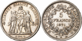 GOUVERNEMENT DE DEFENSE NATIONALE et COMMUNE DE PARIS (1870-1871). 
5 Francs « Hercule » au trident du citoyen Camélinat. 1871 A=Paris. (75 000 ex.)....