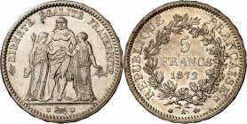 IIIe REPUBLIQUE (1871-1940).
5 Francs « Hercule » 1872 A=Paris et 1872 K=Bordeaux.
A/ LIBERTE EGALITE FRATERNITE. Hercule debout de face entre l’Éga...